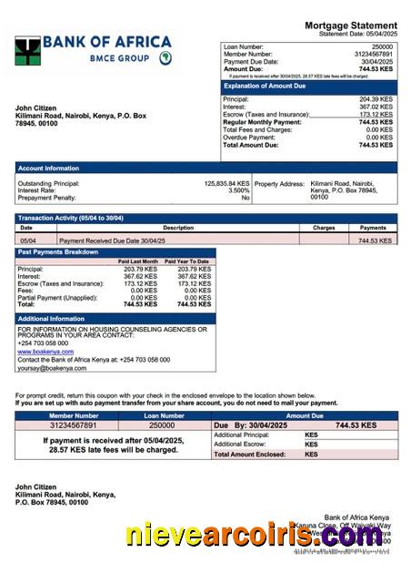 Kenya Bank of Africa Kenya mortgage statement Word and PDF template